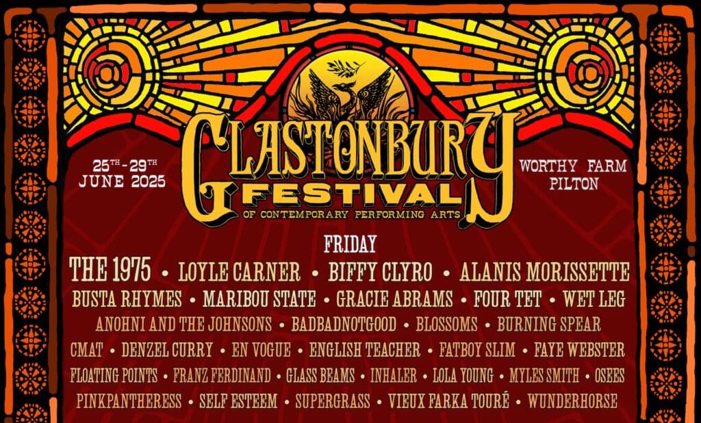 Glastonbury 2025 lineup poster featuring The 1975, Olivia Rodrigo, Neil Young, Charli XCX, The Prodigy, and more.