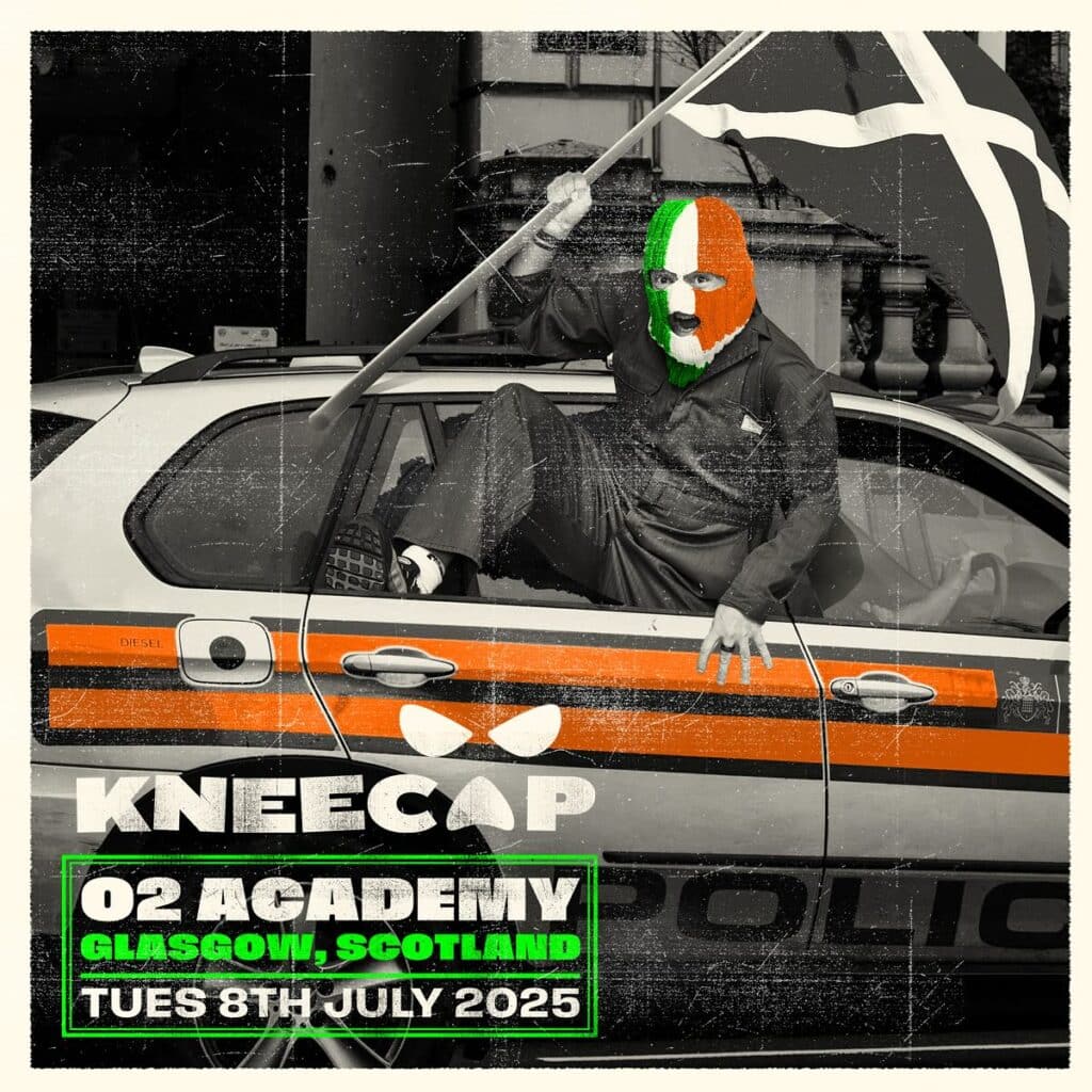 Kneecap poster featuring masked figure on police car for Glasgow O2 Academy show.
