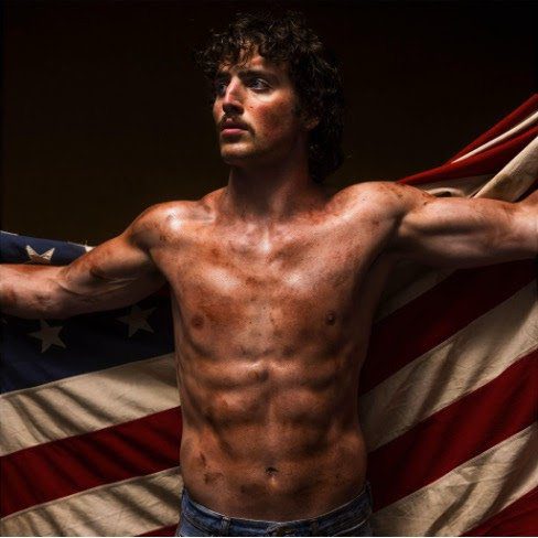 Benson Boone topless holding an American flag