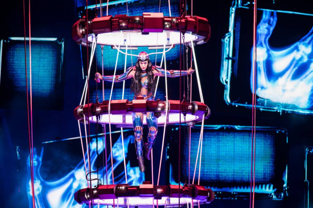 Katy Perry in Sheffield in a giant cage floating in the air