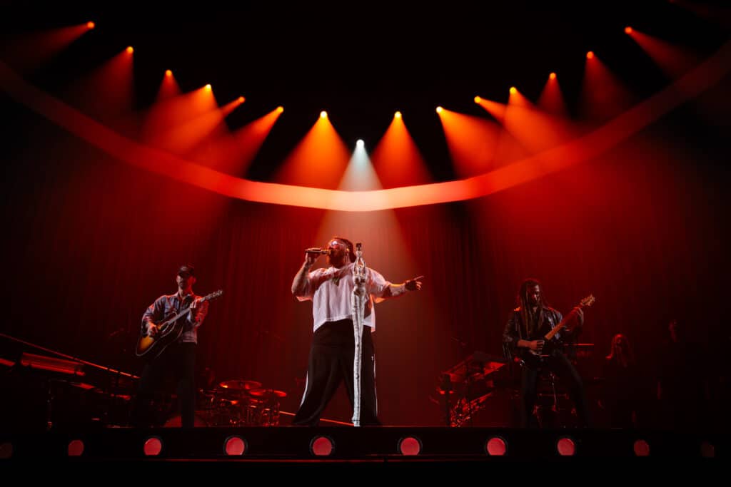 Teddy Swims and his band on stage at Auckland Spark arena for his 'I've tried everything but therapy' tour