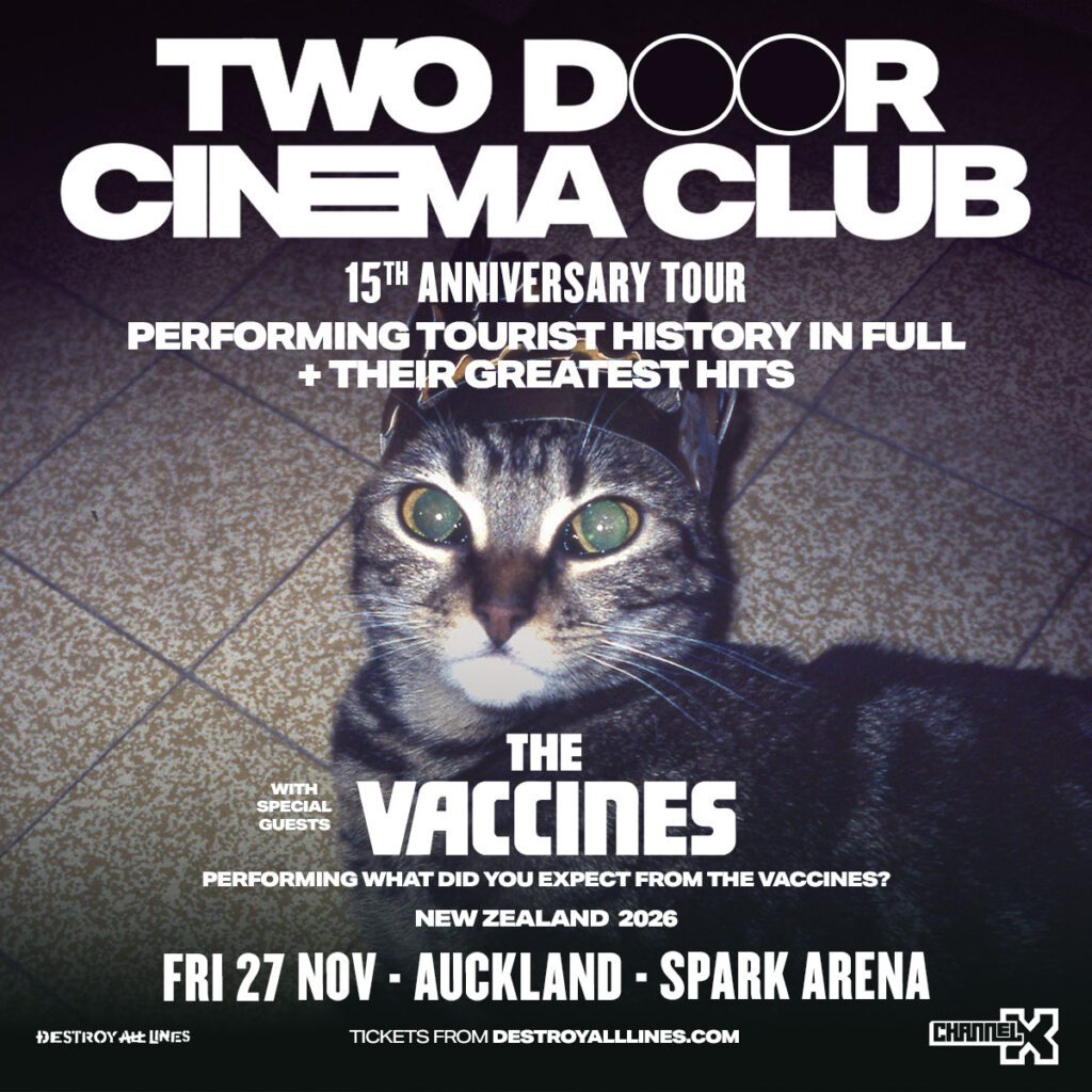 Two Door Cinema Club and The Vaccines Auckland 2026 tour poster for Tourist History 15th anniversary at Spark Arena.